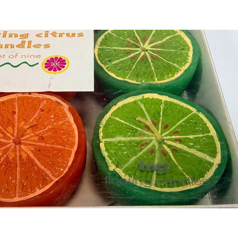 Vintage NIB Tag Floating Citrus Candles Set Of 9 Grapefruit Lime & Orange Fruit - Picture 3 of 8